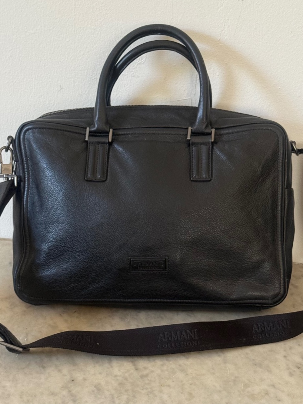 Armani Collezioni Leather Briefcase Laptop Bag Black Messenger Business Bag